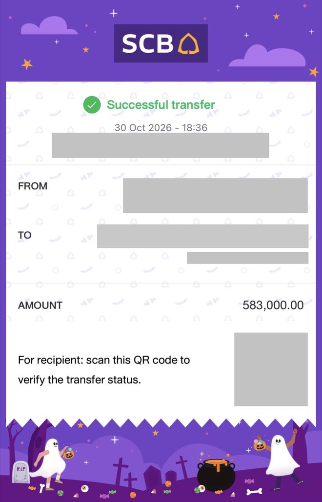 Подтверждение банка SCB: успешный перевод 583 000 бат застройщику 30 октября 2026 года